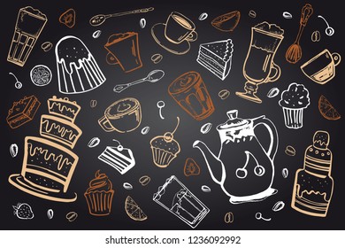 Coffee drinks and desserts set. Colorful hand drawn sketch vector illustration on blackboard beckground