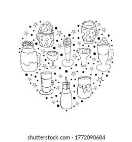 Coffee drinks. Drinks. Festive tableware for the New year's holiday. Vector isolated illustration with coffee, tea on a white background. Doodle style.