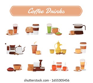 Coffee drinks flat color vector objects set. Cappuccino serving. Traditional dallah. Americano in ceramic mugs. Espresso takeout. Cups and kettles 2D isolated cartoon illustrations on white background