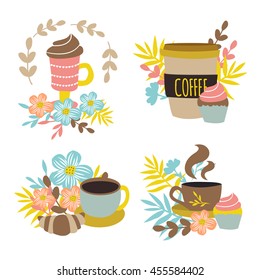Coffee drinks hand drawn concept with cups of different design flower compositions croissant cake isolated vector illustration