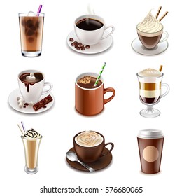 Coffee drinks icons detailed photo realistic vector set