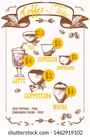 Coffee drinks ink pen vector sketches isolated on white background. Espresso, chocolate with mocha, cocoa, americano or latte, cappuccino for coffee shop menu with prices.