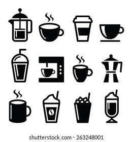 Coffee drinks, coffee makers icons set
