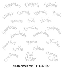 Coffee drinks menu design elements. Vector hand drawn lettering collection.