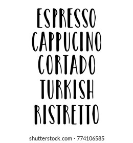 Coffee drinks menu. Graphic vector  elements for coffee shop, market, cafe design, restaurant menu and recipes. Coffee types and brewing methods
