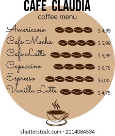 Coffee drinks menu price list vector template. Design a menu for the cafe with cup of hot coffee. 