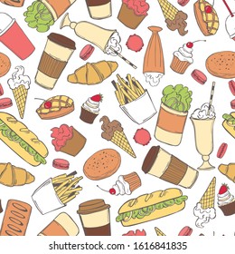 Coffee drinks, milkshakes, desserts and fast food. Vector seamless pattern.