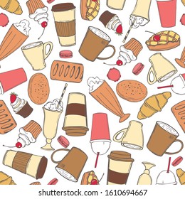 Coffee drinks, milkshakes and desserts. Vector seamless pattern.