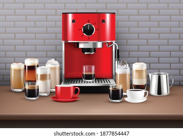 Coffee drinks realistic background with coffee machine and cup vector illustration