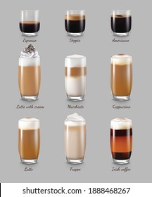 Coffee drinks realistic set with latte and cappuccino isolated vector illustration