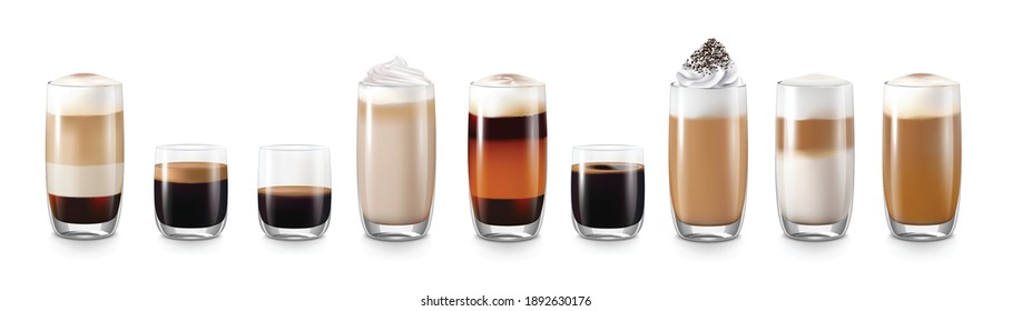 Coffee drinks realistic set with latte and americano isolated vector illustration