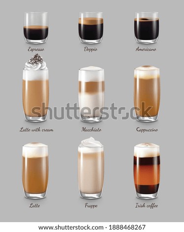 Coffee drinks realistic set with latte and cappuccino isolated vector illustration