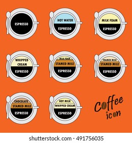 Coffee drinks with recipes icons set. Vector and Illustration