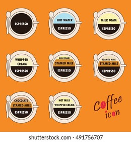 Coffee drinks with recipes icons set. Vector and Illustration