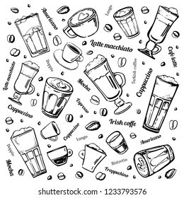 Coffee drinks set with coffee beans and drink titles. Hand drawn stylized vector illustration. Black outline on white background