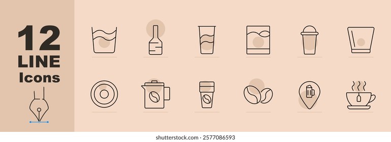 Coffee and drinks set icon Coffee cup, coffee maker, beans, shop location, tea cup, shaker, glass, espresso, latte, iced , cold brew. Coffee, beverages, cafe