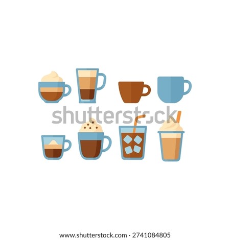Coffee drinks silhouette icon set. featuring espresso, cappuccino, latte, iced coffee, mocha, frappe, and coffee cup