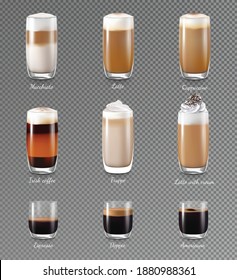 Coffee drinks transparent realistic set with latte and frappe isolated vector illustration