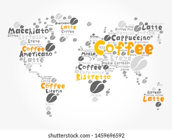 Coffee drinks word cloud in shape of World Map, concept background