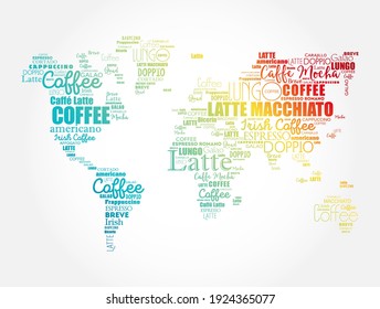 Coffee drinks word cloud in shape of World Map, concept background
