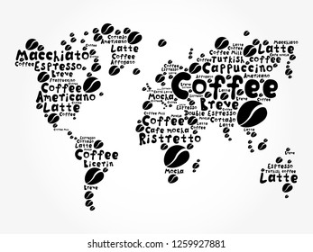 Coffee drinks word cloud in World Map, concept background