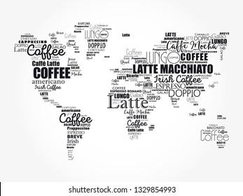 Coffee drinks word cloud World Map, concept background