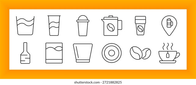 Ícone do conjunto de café e drinkware. Inclui canecas, copos de vidro, cafeteiras, feijões, copos, canudos, tampas e símbolos de bebida take way em diferentes formas.