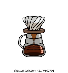 Coffee drip set, coffee flows through the  filter paper down below.It consists of a dripper made of glass with a wooden base.Clear coffee mug made of glass and has a handle.Isolated vector on white.