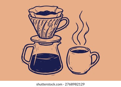 Coffee dripper and ceramic mug naive doodle vector illustration