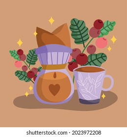 coffee dripper and cup with branch