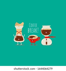 Coffee dripper, filter pour over maker image, red cup of coffee, syphon. Funny food. Vector illustration. Use for the menu, in the shop, in the bar, the card or stickers.