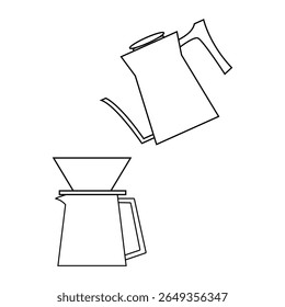 Gotero de café y hervidor de agua. Blanco y negro. Ilustración vectorial de estilo plano.