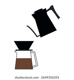 Gotejador de café e chaleira sobre fundo branco. Ilustração de vetor plano. Desenho para têxteis, cartazes, etiquetas.