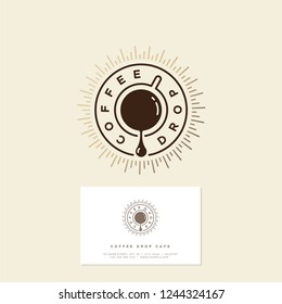 Coffee Drop Cafe Logo. Coffee Emblem. Coffee Drop And A Cup Of Coffee With Gold Sunrays. Hipster Flat Logo. Identity. Business Card.