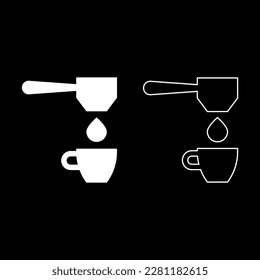 Caída del café en el filtro de vasos corte portafiltro conjunto de goteo icono color blanco ilustración vectorial contorno de contorno de relleno sólido línea delgado estilo plano