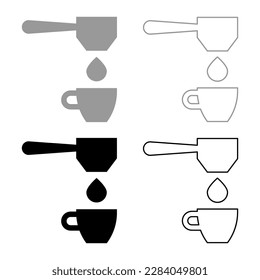 Caída de café en el filtro de vasos corte de cartón conjunto de goteo icono color negro imagen vectorial contorno de relleno sólido línea delgado estilo plano