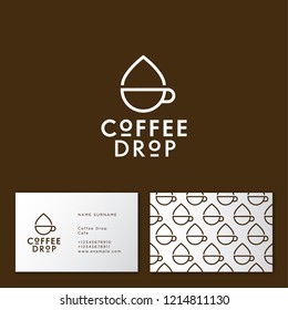 Coffee drop logo. Coffee emblem. A cup and drop linear flat icon. Hipster flat logo for cafe. Identity. Business card.