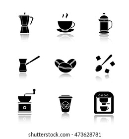 Coffee drop shadow black icons set. Espresso machine, classic coffee maker, steaming mug on plate, french press, turkish cezve, spoon with sugar cubes, hand mill. Isolated vector illustrations