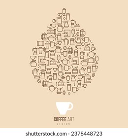 Coffee drop silhouette in creative minimal style. Modern concept art for branding cafe, shop. Decorative composition from simple line elements. Geometric vector illustration.