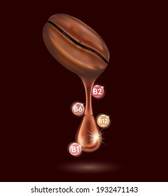 Coffee drops and vitamins. On a brown background. 3D vector realistic illustration
