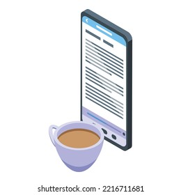 Coffee Ebook Reading Icon Isometric Vector. Online Bookstore. Book Digital