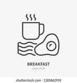 Coffee, eggs, bacon flat line icon. Vector thin sign, illustration of breakfast for restaurant menu.