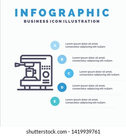 Coffee, Electric, Home, Machine Blue Infographics Template 5 Steps. Vector Line Icon template