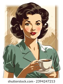 Coffee Elegance: Representación vintage de una bella mujer disfrutando de una copa