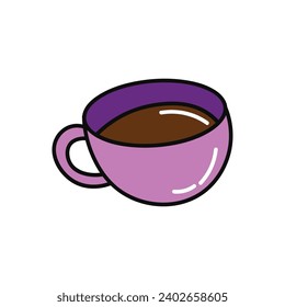 Coffee element of colorful food set. This illustration features a lively, colorful design with intricate outlines, highlighting a violet coffee cup filled to perfection. Vector illustration.