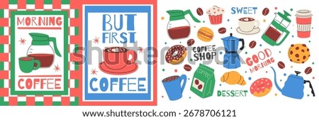 Coffee element. Decor cafe. Cappuccino, coffee pot, cup. Icon coffeehouse with dessert croissant. Kitchen poster with coffee beans. Vector cards cafeteria garish design, cartoon isolated illustration
