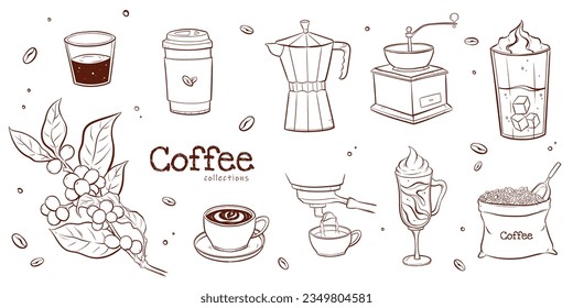 Coffee element hand drawn vector illustrations line art collection.