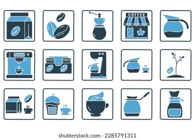 Coffee element set icon illustration. Solid icon style. Coffee machine, shop, Coffee pot, grinder,  beans, espresso, cream and others. Simple vector design editable