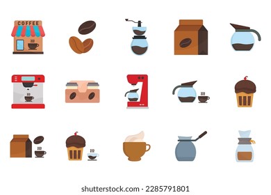 Ilustración de icono de conjunto de elementos de café. Estilo de icono plano. Cafetera, tienda, cafetera, molino, frijol, expreso, crema y otros. Diseño de vector simple editable