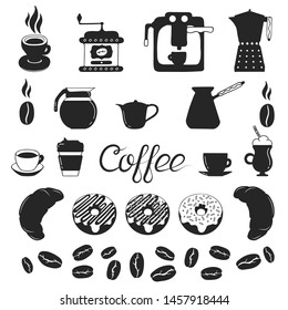 Coffee elements: beans, cups, coffee machine, grinder, pots and kettle, donuts and croissant silhouettes for shop, cafe or menu background. 